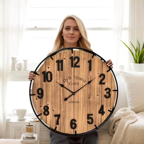 Large Rustic Farmhouse Wall Clock - 30 Inch Antique Wood & Metal Brown Variation