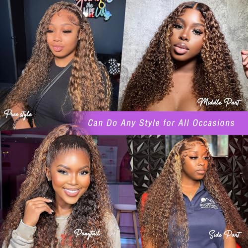 Honey Blonde Highlight Lace Front Human Hair Wig 18 Inch Deep Wave 13x6 - Vari of 18 Inch / 4/27 Highlight