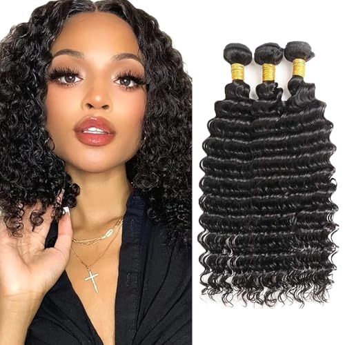 Black #1B Deep Wave Human Hair Bundles 14-18 Inch 3 Pack 160g Brazilian Virgin Remy