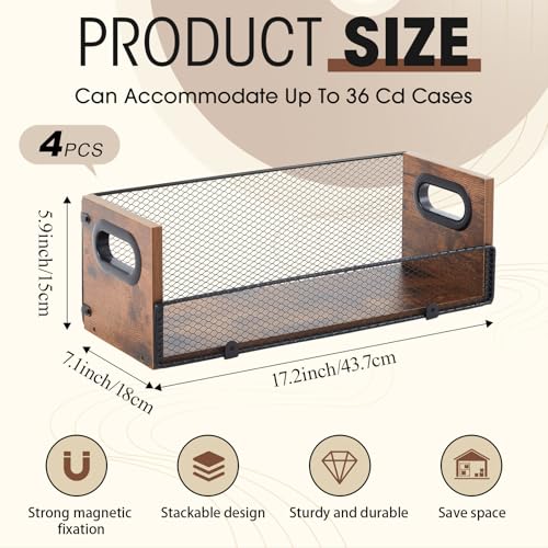 Geelin 4-Pack Wooden CD Storage Box with Metal Mesh Door - Retro Music Organizer