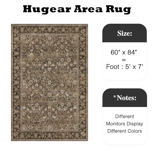 HUGEAR 5x7 Brown Vintage Floral Washable Area Rug for Living Room - Low Pile, Non-Slip, Foldable