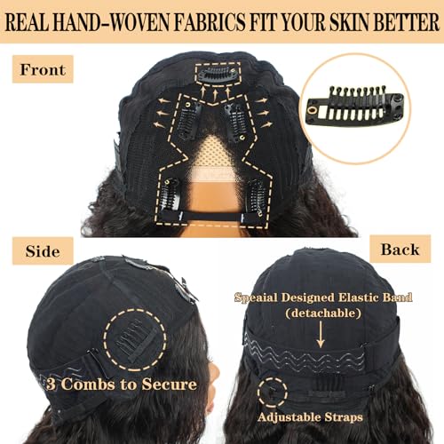 18 Inch Deep Wave Human Hair Wig V Part Glueless No Leave Out for Women - Multi Black