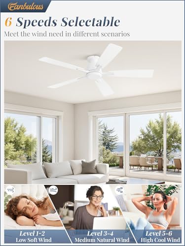 White 52 Inch Flush Mount Ceiling Fan No Light with Remote Control