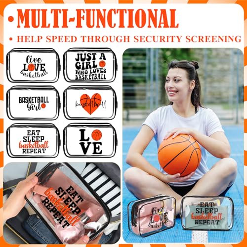 Reginary 12 Pcs 7 x 4.7 x 2.4'' Basketball Makeup Bag Clear Cosmetic Case Basketball Team Gifts Sport Goodie Bag Stuffers Accessories for Woman Toiletry Zipper Pouch Team Party Favors
