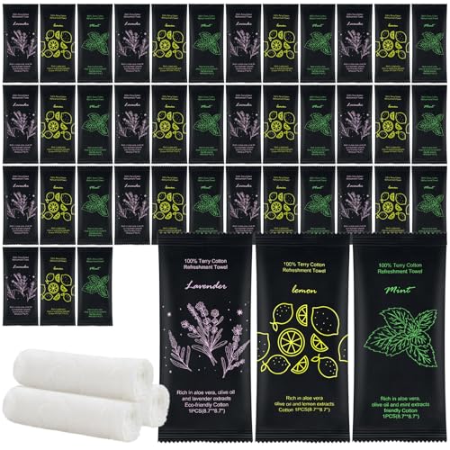 twoworld 60 Pack Moist Cotton Towelettes with Lavender, Lemon & Mint – Individually Wrapped Travel Wipes