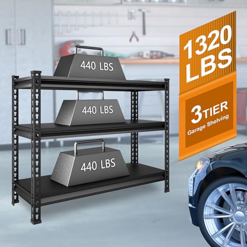 Heavy Duty 3-Tier Garage Shelving Unit - Black, 40W x 18D x 36H, Adjustable Storage