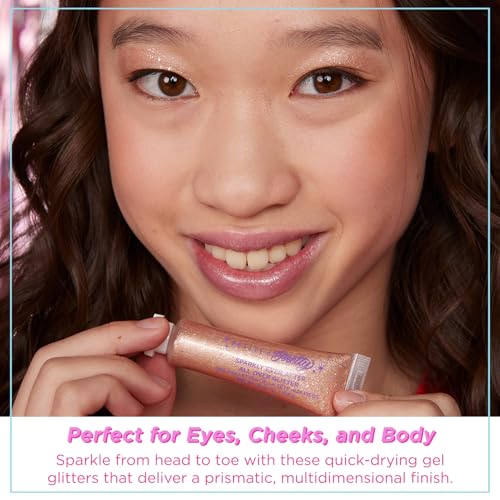 Petite N Pretty Sparkly Ever After Glitter Gift Set for Eyes, Cheeks, and Body, All-Over Glitter in Iridescent Angel & Sunbeam Gleam Shades, & Pink Cherry Pearl Keychain Wallet for Kids, Tweens, Teens
