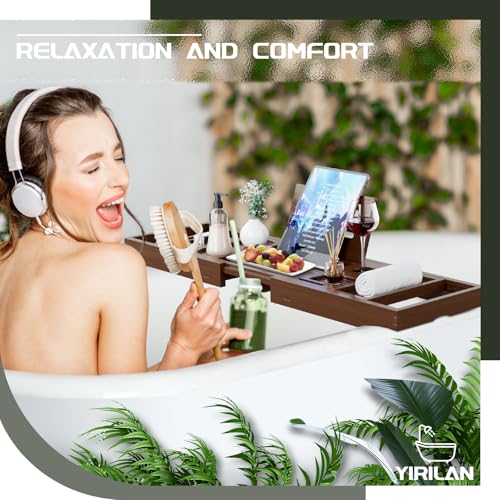 Foldable Bamboo Bathtub Caddy Tray - Adjustable Bath Tray for Tub - Brown - Yirilan