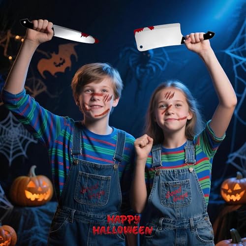 Halloween 12.2" Fake Knife Prop & 10 Sheets Realistic Fake Stitches Temporary Tattoo Set, Horror Chucky Costume Zombie Vampire Makeup Prank Props Cosplay Accessories for Kids Adults