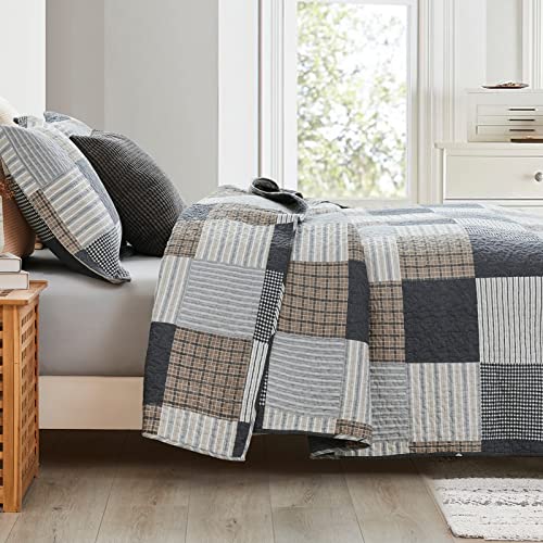 Queen Size Cotton Quilt Set - Reversible Patchwork Bedspread with Pillow Shams - Grey, Brown, Black, White, Tan - 3 Pieces