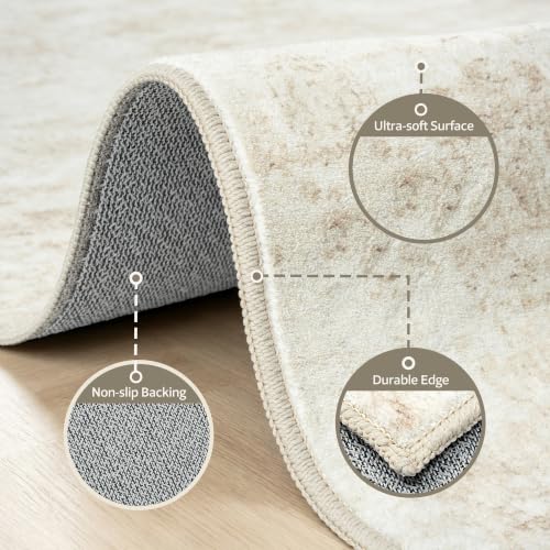 Beige 8x10 Washable Area Rug for Living Room and Bedroom - Non Slip, Pet Friendly