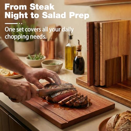 Book-Shaped Acacia Wood Cutting Board Set with Stand - Labeled for Meat, Fish, Cheese, Fruits & Vegetables - Decorative Kitchen Gift