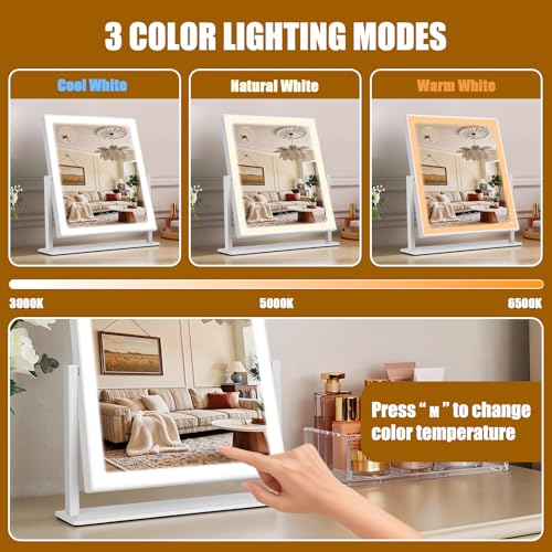 Vanity Mirror with Lights 14.5"x16.5", LED Makeup Mirror, 3 Color Lighting Modes, 10X Magnification, Smart Touch Control, Dimmable, Aluminum Metal Frame, Lighted Up for Vanity Desk (White)