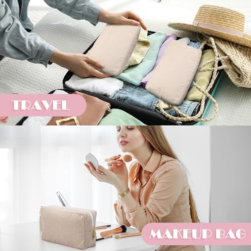 Amylove 12 Pcs Corduroy Makeup Bags Large Pouch Beige Pink