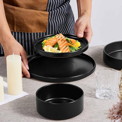 Herogo Matte Black 16-Piece Dinnerware Set for 4 - Includes 4 Dinner Plates, 4 Salad Plates, 4 Pasta Bowls & 4 Cereal Bowls