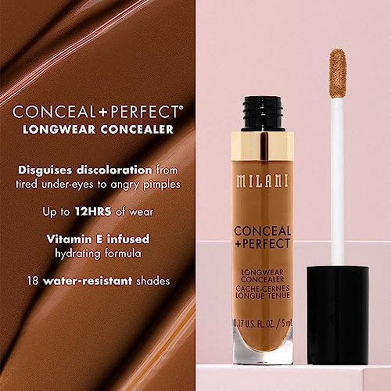 Milani Conceal + Perfect Longwear Concealer Full Coverage Infused with Hyaluronic Acid & Vitamin E, Cover Dark Circles, Blemishes & Skin Imperfections for Long-Lasting Wear - Medium Beige