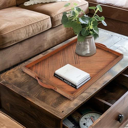 Extra Large Wooden Serving Tray with Leather Handles 24x16 in - Rustic Decor