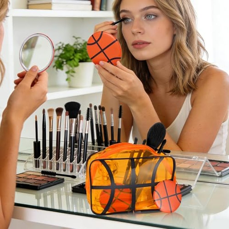 24 Pcs Basketball Gifts for Teen Girls 12 Basketball Makeup Bags with 12 Round Makeup Pocket Mirror, 7 x 4.7 x 2.4'' Cosmetic Bag Sport Gifts for Women Players Fans