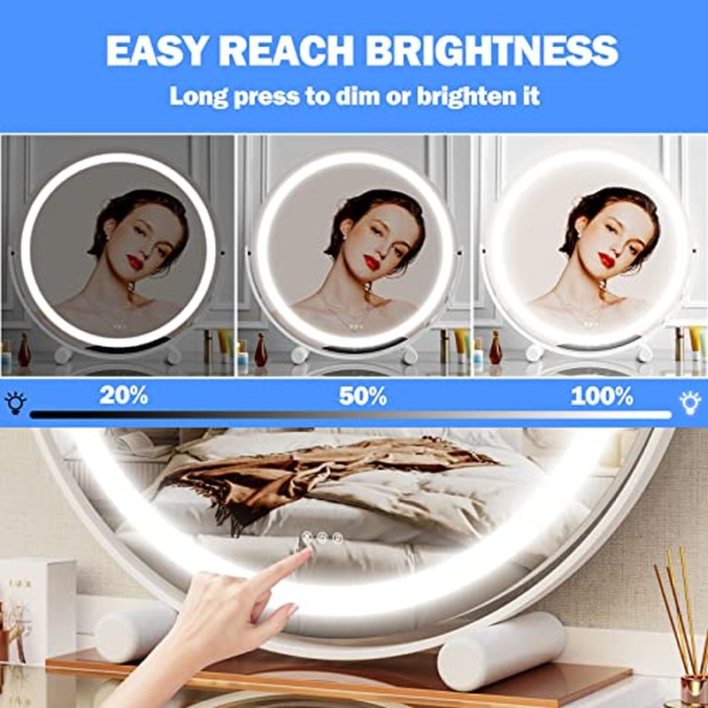 12" Round Vanity Mirror, LED Lights, Smart Touch 360¡ÆRotation, Dimmable White
