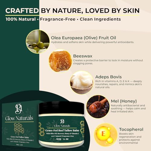 Beef Tallow For Skin - 2 oz Fragrance Free Tallow And Honey Balm With Olive Oil, Beeswax & Vitamin E - Grass Fed Beef Tallow For Face, Body & Dry, Sensitive Skin