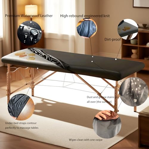 Waterproof Massage Table Cover - Black PU Leather, Elastic Fit, Professional Spa & Therapy Bed Protector