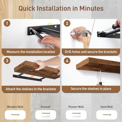 Floating Wall Shelves Set of 3 - Rustic Brown, 47.2 Inches, Thick Wall Mount Storage