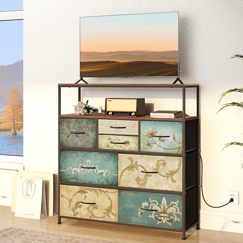 TV Stand with Power Outlet LED Light and 6 Drawers - Rustic Wooden Top, 39.4" Wide - Variation of THIS listing