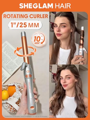 SheGlam Automatic Curling Iron 1 Inch, Long Barrel, Up to 430°F, Dual Voltage, Rotating Wand for Long Hair