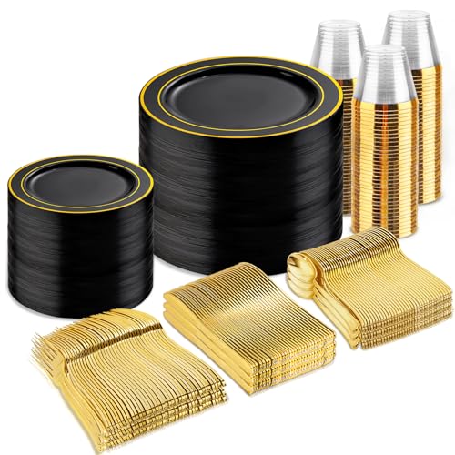 bUCLA Black & Gold Disposable Dinnerware Set 600pcs - Elegant Party Plates & Cutlery