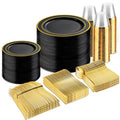 bUCLA Black & Gold Disposable Dinnerware Set 600pcs - Elegant Party Plates & Cutlery