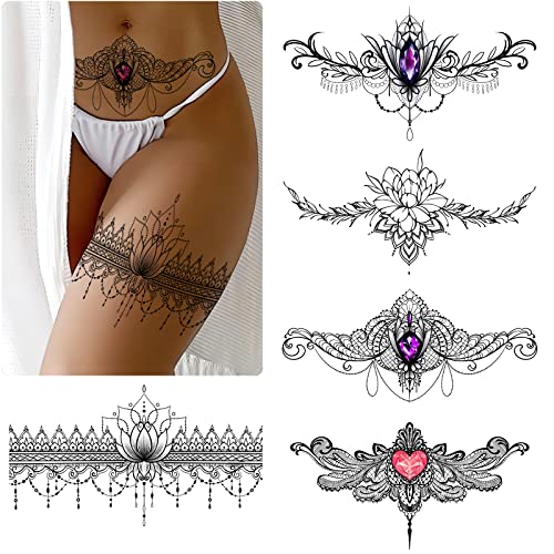 Roarhowl Lace Tattoos, Large Sexy Temporary Tattoo Set, Temporary Tattoos For Women, Belly Back Waist Thigh Body Art Fake Tattoos (Set 2)