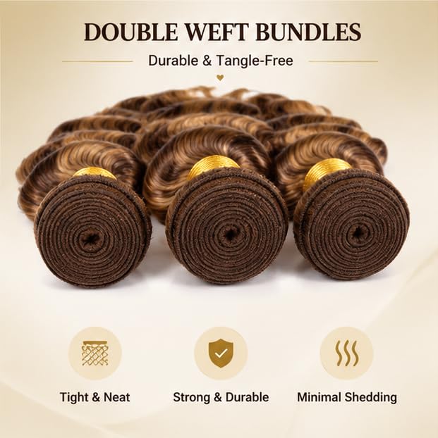 P4/27 Ombre Brown Deep Wave Human Hair Bundles 10-14 Inch - Brazilian Virgin Hair