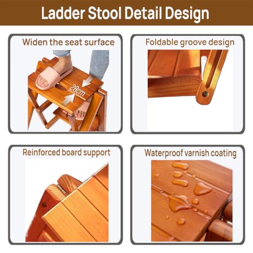 Brown 3-Step Folding Ladder Stool - Solid Pine Wood, Max 330 lb Capacity, Anti-Slip, Space-Saving Design for Home & Kitchen