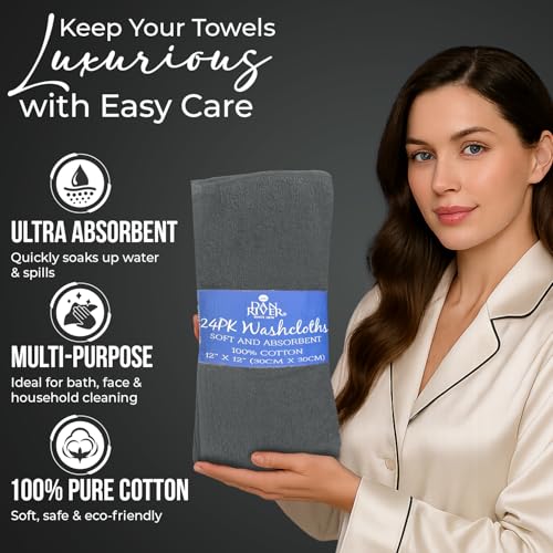 Assorted 24 Pack Cotton Washcloths for Face & Body, Grey & White