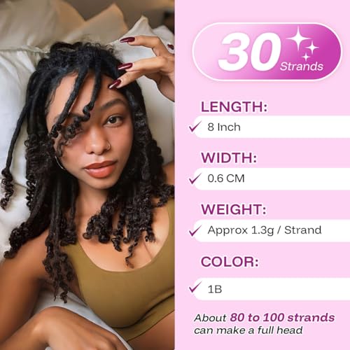 Sangtok 8 Inch / 1B Curly Human Hair Loc Extensions - 30 Strands, Handmade