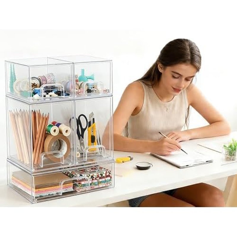 Baby Bottle Organizer Stackable, Acrylic Storage Drawers 5 pack with Non-Slip Pads, Pull-Out Drawers for Baby Bottle, Pump Parts, Pantry, Vanity Countertop (4.4" and 7.6" Tall and 12.1" Wide)