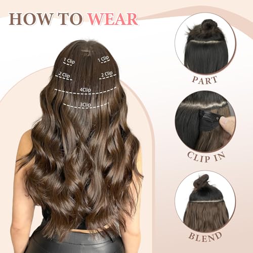 Fliace Medium Brown Clip-In Hair Extensions 20 Inch | Long Wavy Set for Women