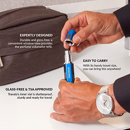 Travalo Vector Travel Perfume Atomizer with U-Change System - Leak-Proof and TSA Approved for Air Travel - Stylish Mini Perfume Refillable Bottle with Case - Blue 0.17oz