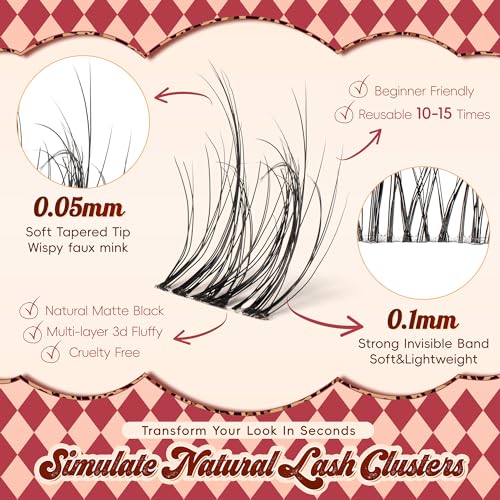 Lash Clusters 0.05mm PBT Fiber Eyelash Clusters, 0.1mm Superfine Invisiband D Curl Diy Lash Extension, 80pcs 8-16mm Individual Lashes Clusters Like Eyelash Extensions (Divine-D-8-16Mix)