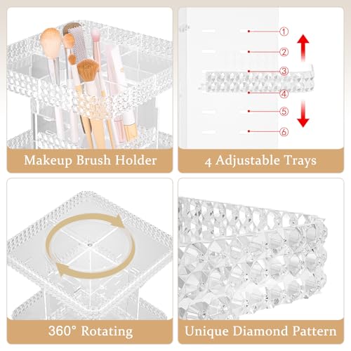 HEMTROY Clear Rotating Makeup Organizer with Brush Holder - Large Capacity Vanity Storage