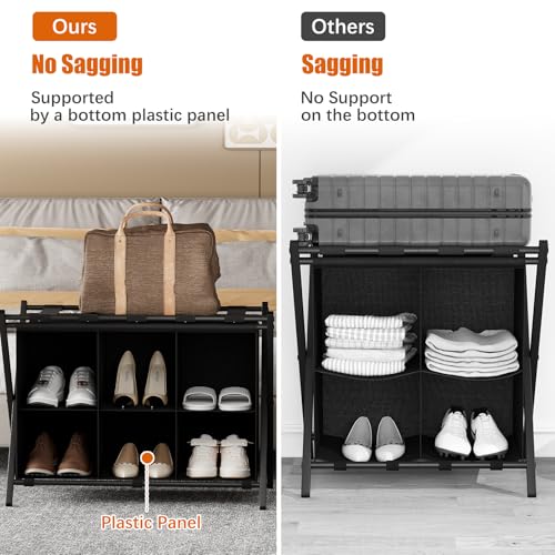Foldable Luggage Rack with Storage Shelf for Guest Room Black - 2 Pack