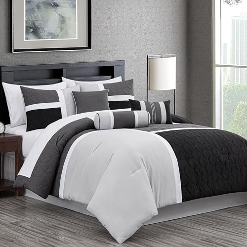 Chezmoi Collection Upland 7-Piece Quilted Patchwork Comforter Set Queen Black Gray Light Gray