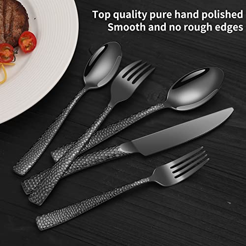 40-Piece Black Silverware Set - Stainless Steel Flatware for 8 with Hammered Handles