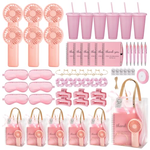 Baby Shower Party Favor Set with Handheld Fans Tumbler Notebooks & Gifts - Pink 6 Sets