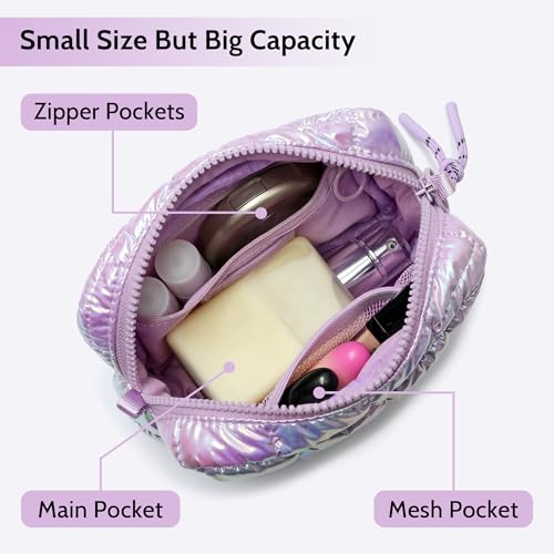 Quilted Cosmetic Bag, Puffer Makeup Bags, Crossbody Purses for women,Cute Travel Toiletry Bag for Women (Dazzling Light Purple)