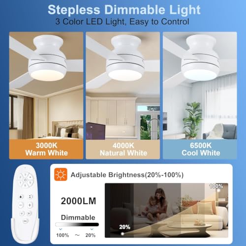 42 Inch Flush Mount Low Profile Ceiling Fan with Light - White / Flush Mount