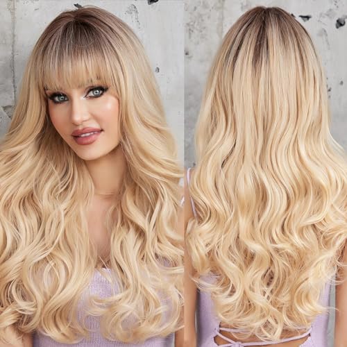 Ombre Blonde Wigs with Bangs - Long Wavy Synthetic Heat-Resistant Women's Wig - Natural & Comfortable Fit