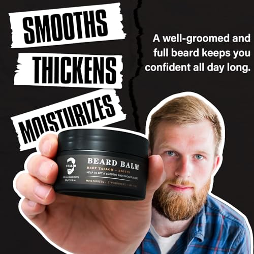 Beef Tallow Beard Balm for Men - Smoothing, Moisturizing & Softening Coarse, Dry Beards, Biotin-Infused for Fuller, Healthier Look, Fragrance-Free, 3.38 oz