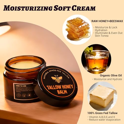 2 Pack Beef Tallow for Skin, Grass-Fed Beef Tallow and Honey Balm, Body & Face Moisturizer, Natural Hydrating Cream for Body (2 Oz)