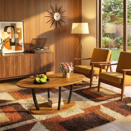 Manora Rustic Oval Coffee Table with Storage Shelf - Brown, 2-Tier Farmhouse Design